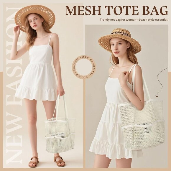 Women's Beige Beach Tote Bags Causal Pool Bags For Mom Travel Swimming Vacations - Picture 2 of 6